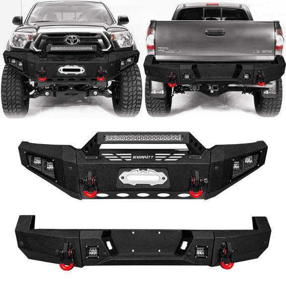 TIOYAR For 2005-2015 Toyota Tacoma Steel New Front and Rear Bumper With Winch Plate&Lights (Black Texture)