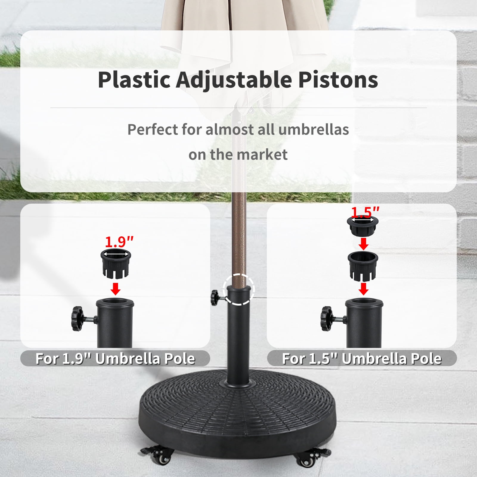 COBANA Patio Umbrella Base with Lockable Wheels, Heavy-Duty Stand Resin Weights for Outdoor Market Umbrella, 52lbs, Rattan Design, Black