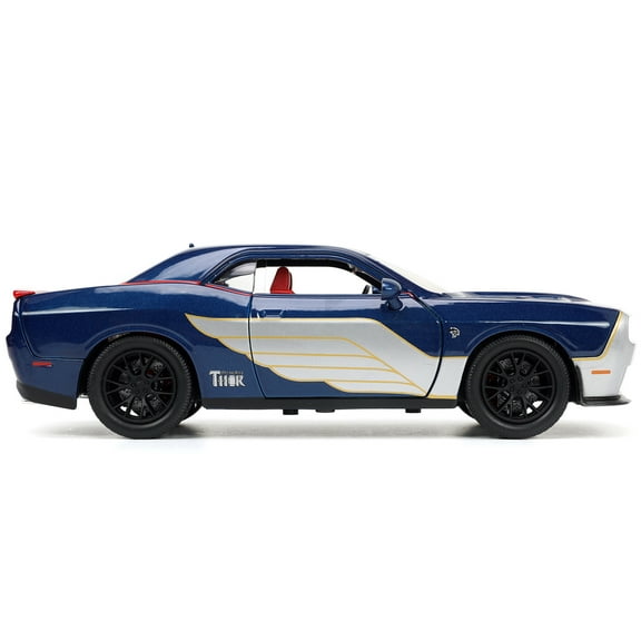 2015 Dodge Challenger SRT Hellcat Dark Blue with Graphics and Red Interior and Thor Diecast Figure "The Mighty Thor" "Marvel" Series 1/24 Diecast Model Car by Jada