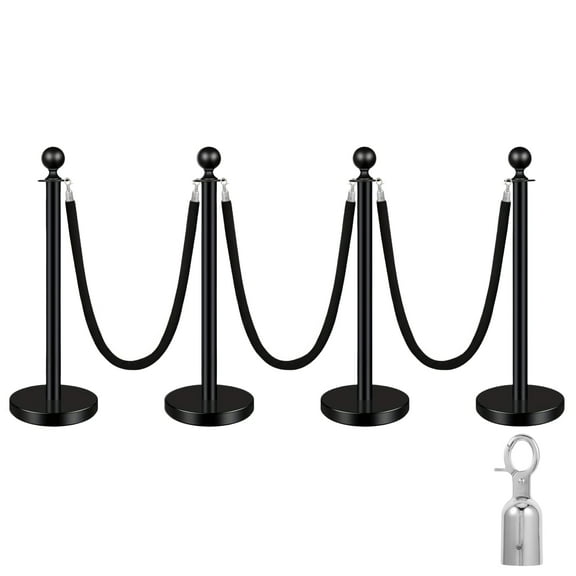 4 PCS Black Stanchions with Black Velvet Ropes-Red Carpet Party Crowd Control Poles