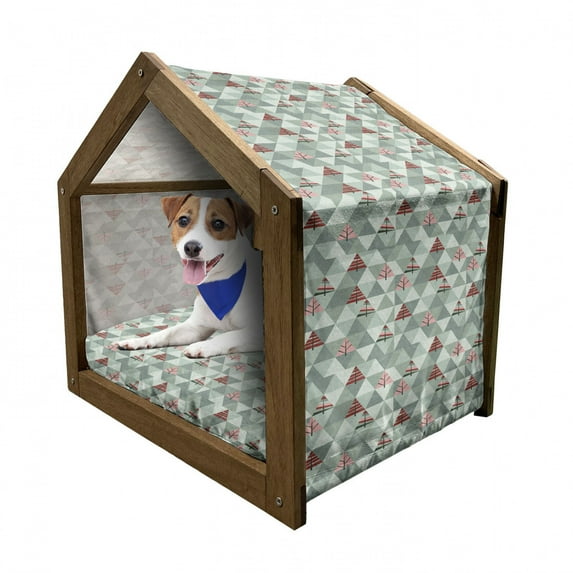 Grey Pet House, Abstract Geometrical Theme Retro Illustration of Triangles Trees Print, Outdoor & Indoor Portable Dog Kennel with Pillow and Cover, 5 Sizes, Coral and Reseda Green, by Ambesonne