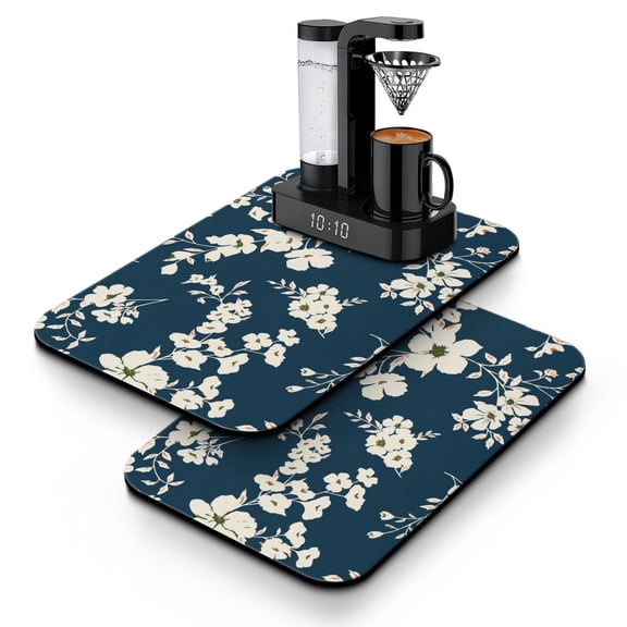 Flower Pattern Coffee Bar Mat 2-Pack - Floral Green Aesthetic Absorbent Non-Slip Mat for Espresso Machine, Multi-Purpose Countertop Protector with 4-Layer Waterproof Design