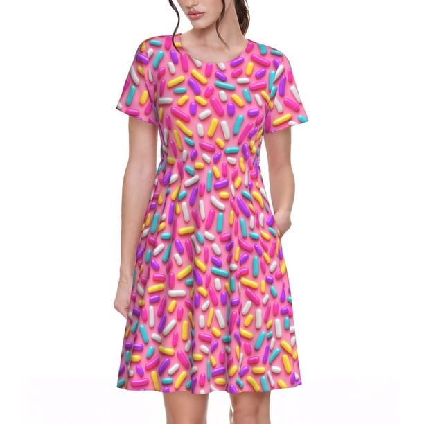 Disketp Colorful Donuts 1 para Vestido de Manga Corta para Mujeres, Vestidos de Verano para Mujeres, Casual y Holgado para la Playa