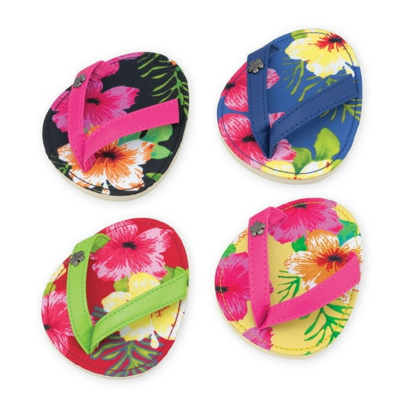 Drinkwear 4-Piece Hibiscus Hula Flip Flop Coasters for Wine, Beer and Cocktail, Ideal for Wine Lover, Bar, Holiday, Housewarming, Party, Wedding and Birthday