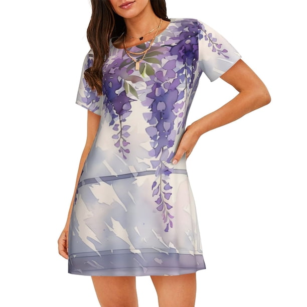 Disketp Lavender Blooms Window para Camisón Corto de Manga Corta para Mujeres, Camisón Cómodo con Escote Redondo, Bonito y Confortable