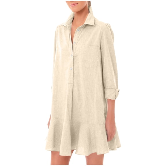 RMGVDSD Women's Tunic Shirt Mini Dress Casual Solid Color Long Sleeve Shirt Dress With Ruffle Hem Button Up Shift Dresses Dressy Tops Temperament Tops