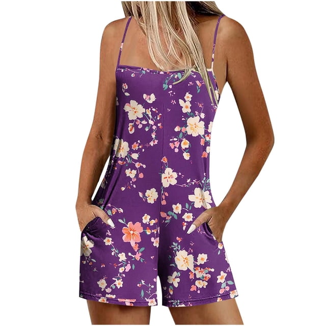 Combinaison Short à Jambes Larges pour Femmes, Sans Manches, à Bretelles, Imprimée, avec Poches