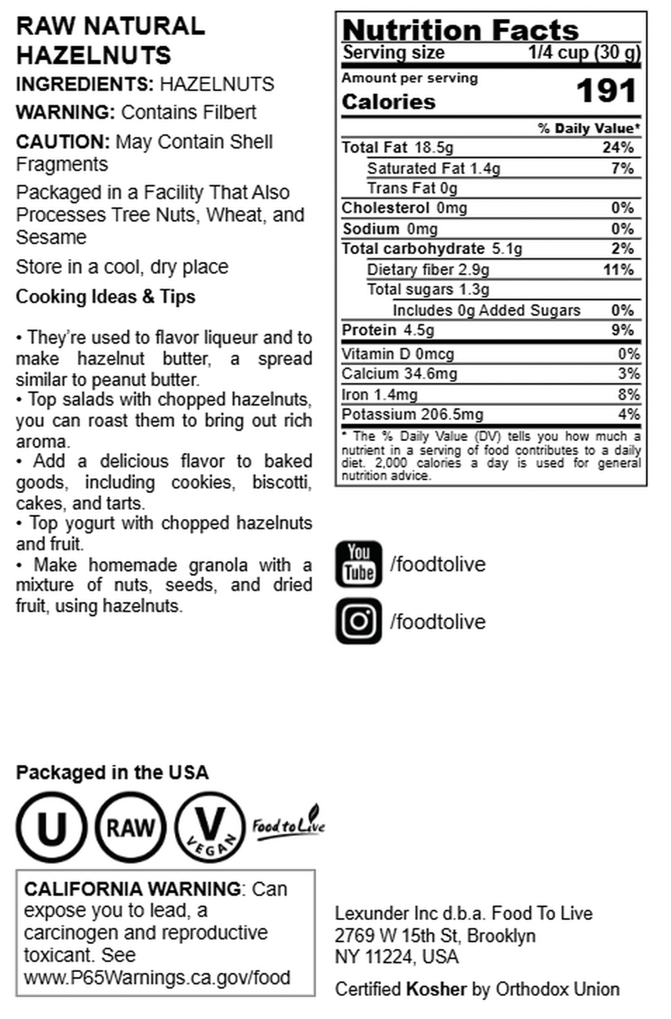 Raw Natural Hazelnuts, 4 Pounds — Kosher, Vegan — by Food to Live