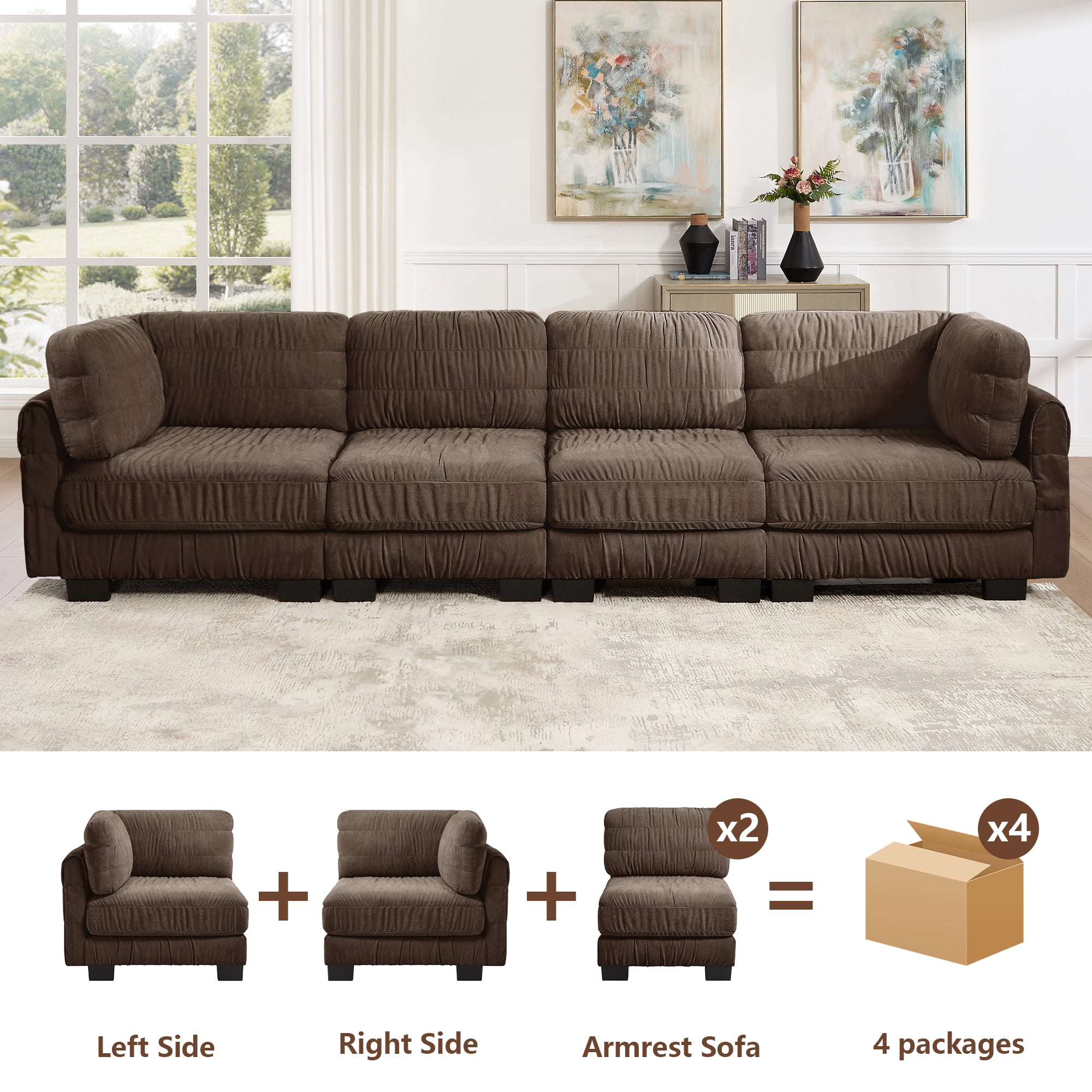 140" 4 Seat Ruched Chenille Modular Sectional Sofa with L Shape Back Cushions,Easy Assembly