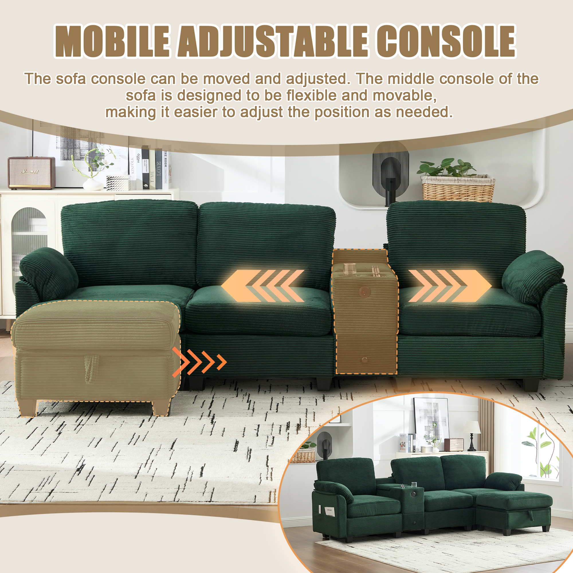 MOONMISS 105" L-Shaped Corduroy Modular Sectional Sofa with 1 Ottoman and Multi Functional Console, 3-Seater Upholstered Couch with USB and 2 Cup Holder, Easy Assembly, for Living Room,Emerald