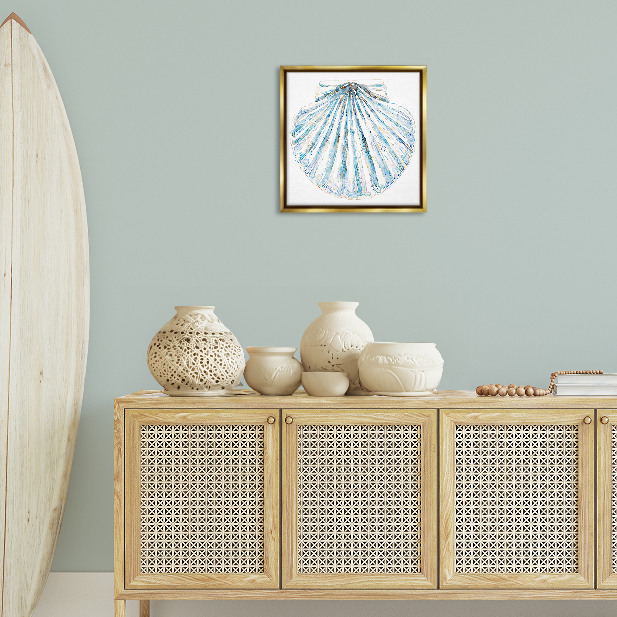 Stupell Industries Clam Shell on White Coastal Painting Gold Floater Framed Canvas Art Print Wall Art, 18 x 18