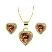 Paris Jewelry 18k Yellow Gold Plated Heart 4 Carat Created Champagne Full Set Necklace, Earrings 18 Inch