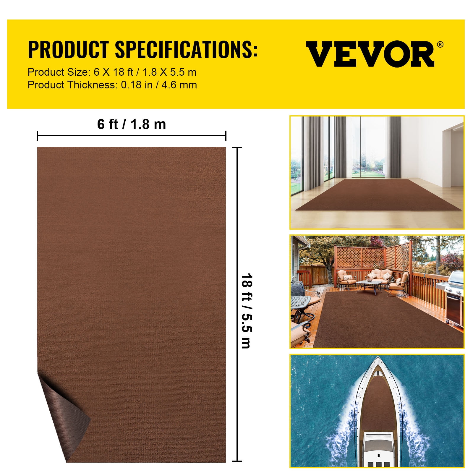 VEVORbrand Boat Carpet 6x18' Indoor Outdoor Marine Carpet Rug - Size Optional - 32 oz. waterproof patio Anti-slide rug, Dark Brown