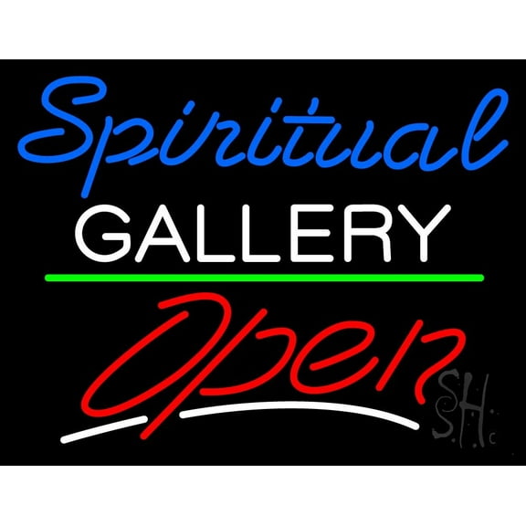 Blue Spritual White Gallery With Open 3 LED Neon Sign 15 x 19 - inches, Black Square Cut Acrylic Backing, with Dimmer - Bright and Premium built indoor LED Neon Sign for art gallery, and exhibition.