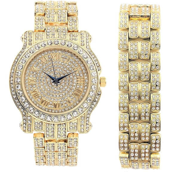 Charles Raymond Blinged Out Ultimate Gold Hip Hop Royalty Mens Watch w/Iced out Easy Reader Roman Numeral Bright Colored Dial - L0504 RN - GOLD