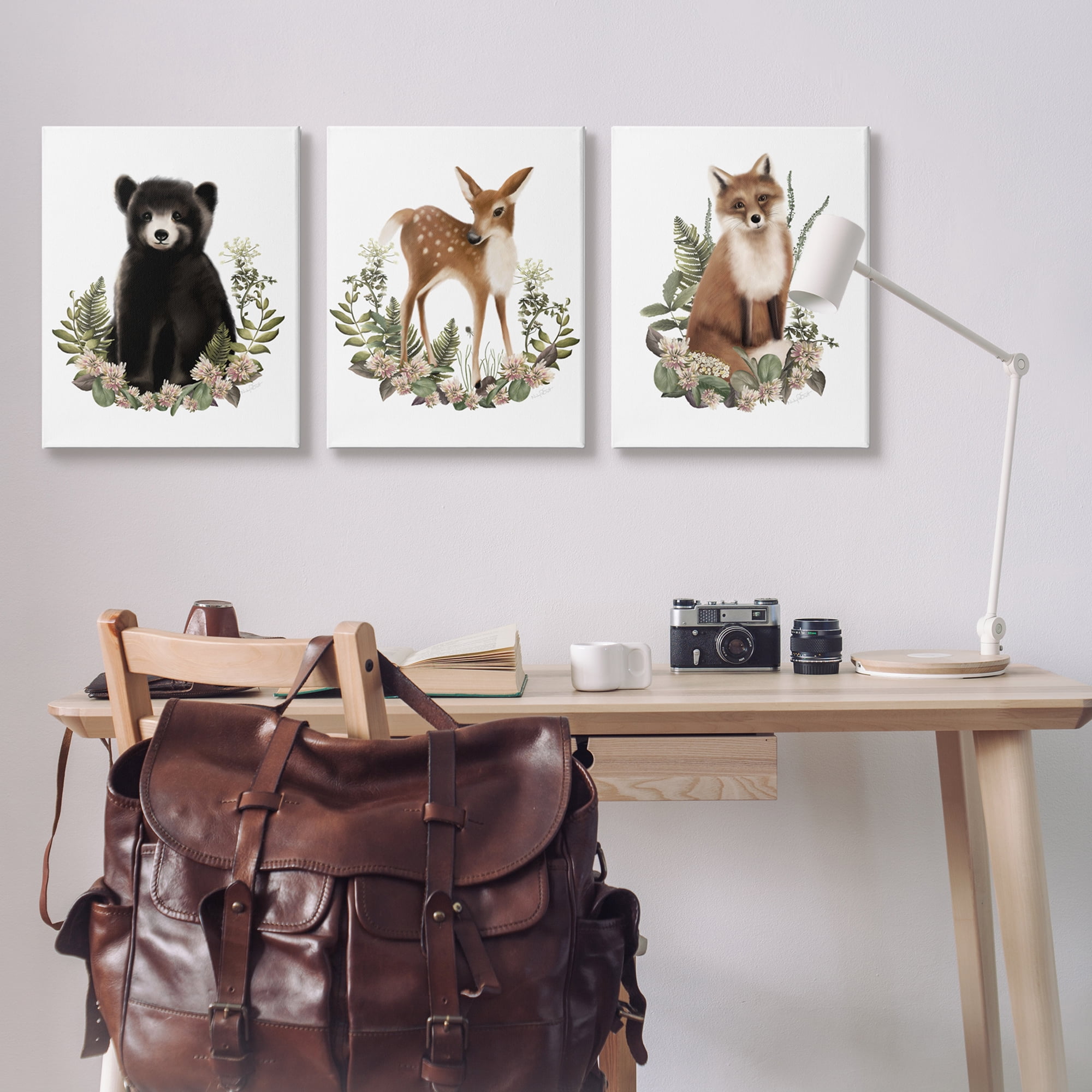 Stupell Industries Floral Woodland Animals Animals & Insects Painting Gallery Wrapped Canvas Art Print Wall Art, 24 x 30, Set of 3