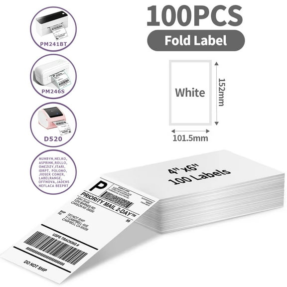 Phomemo A6 Size 4x6'' Shipping Labels 100PCS FanFold Paper 241BT 246S D520 Zebra Munbyn for LOGO Barcode