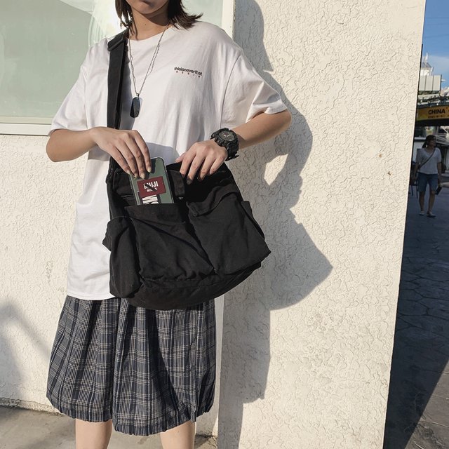 Bolso bandolera grande de lona de color sólido para mujer (negro)