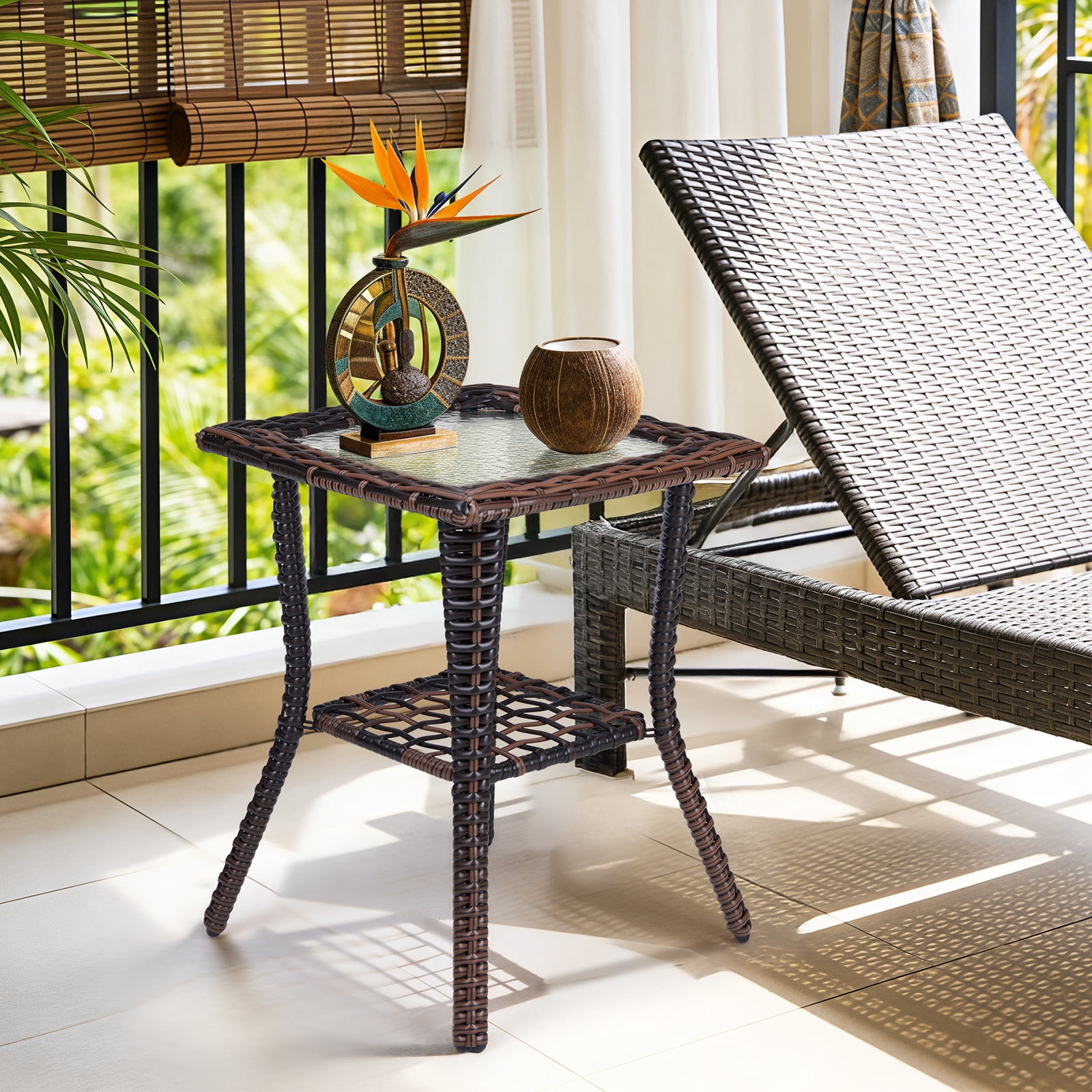 JOYMOR Outdoor Side Table with Storage Wicker, Patio Side Table with Tempered Glass Top End Table for Balcony Porch Deck