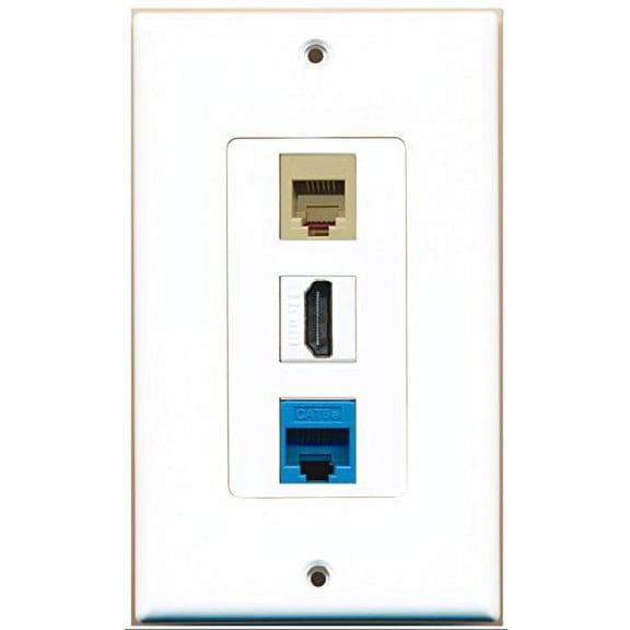 RiteAV - 1 Port HDMI 1 Phone RJ11 RJ12 Beige 1 Cat5e Ethernet Blue Wall Plate Decorative