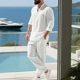 thumbnail image 3 of Yievot Men's Beach Outfit 2 Piece Linen Long Sleeve Henley Shirts and Jogger Pants Vacation Sets for Men, 3 of 7