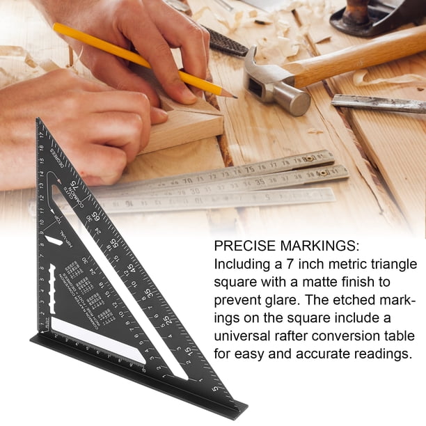 7 Inch Rafter Square – Carpenter Woodworking Tool, Aluminum Alloy Double Scale, 45/90 Degree Triangle Angle Ruler (Black)