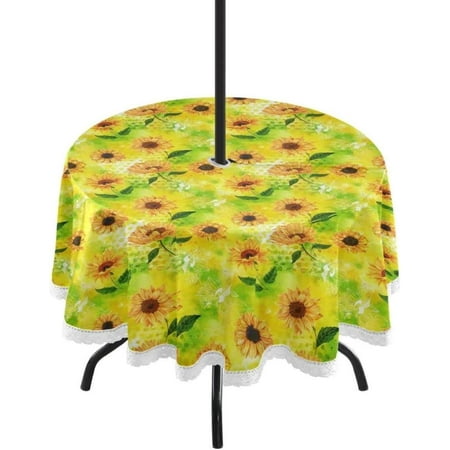 

Hyjoy Sunflower Outdoor Tablecloth with Umbrella Hole and Zipper Waterproof Round Tablecloth 60 Inch for Party Patio Picnic Holiday Dinner Summer