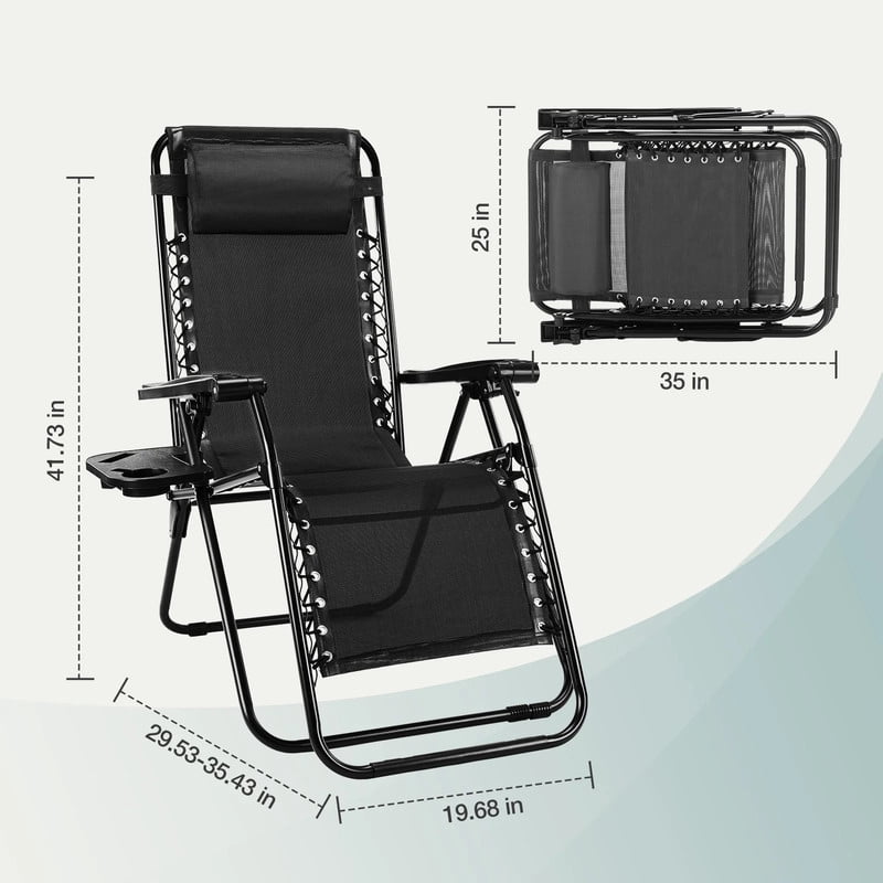 Kelno Recliner Chair 2 Pack Zero Gravity Adjustable Pillow Outdoor Portable Lounge Chair with Cup Holder Tray, Black