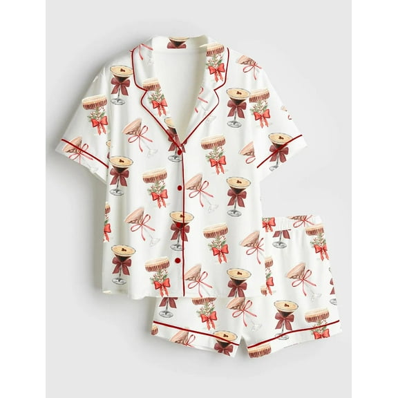 Holiday Cocktail Print Pajama Set | Short & Long Pants Festive Sleepwear for Women