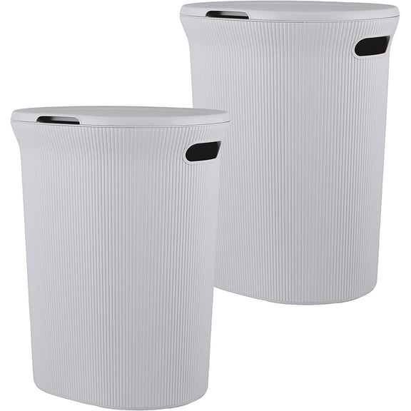 Superio 40L Elegant Ribbed Plastic Laundry Hamper with Lid-White Smoke (2 Pack)