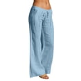 thumbnail image 3 of Nestiefly Linen Pants Women Wide Leg Palazzo Pant Drawstring Elastic Waist Trousers Casual Boho Summer Pants Beach Vacation Sky Blue 2XL, 3 of 7