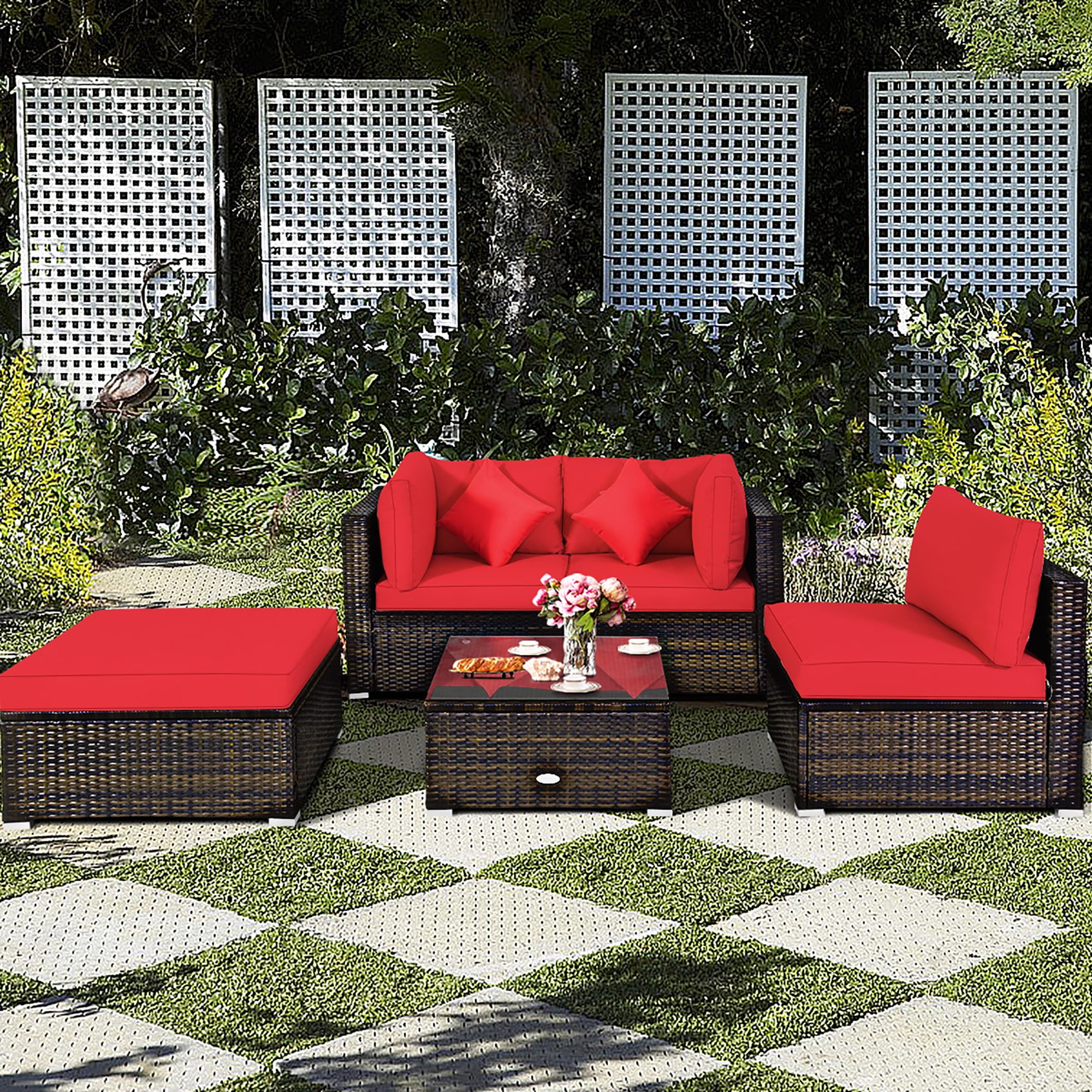 Costway 5pcs Outdoor Patio Rattan, Patio Furniture Sets Red Cushions