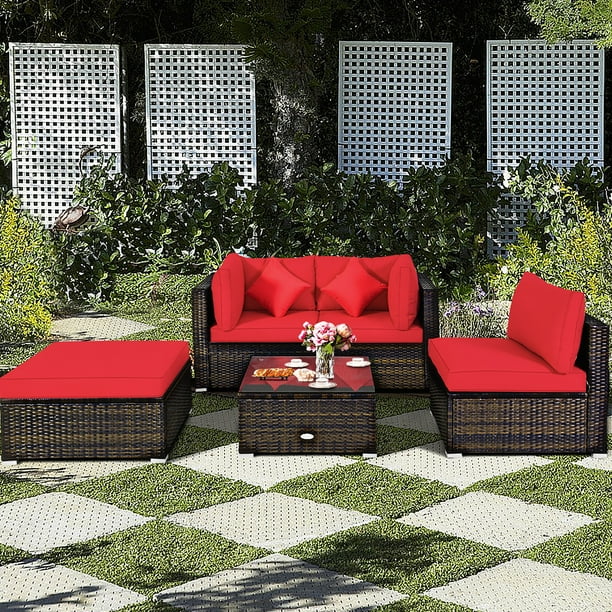 Costway 5PCS Outdoor Patio Rattan Furniture Set Sectional Conversation ...