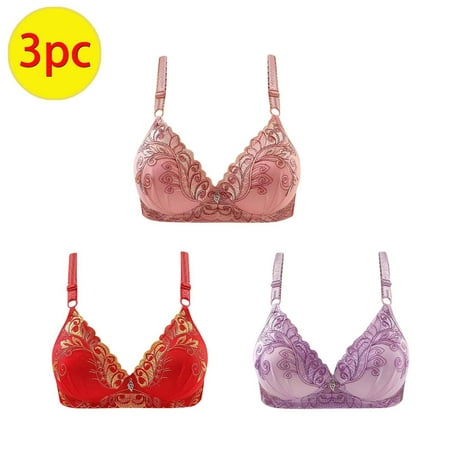 3PC Bras for Women V Plunge Embroidered Glossy Full Coverage Extra-Elastic Comfortable Underwear Push Up No Rims Bra Purple 1 36B