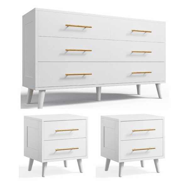 Noelse 3 Piece Bedroom Furniture Set, 6 Drawer Dresser with 2 Nightstands, Modern Wood Storage Organizer with Metal Handles for Bedroom, Living Room, White