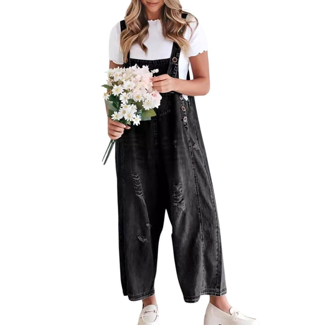 Babero holgado de mezclilla holgado para mujer, color negro desgastado, de la marca Overall Chouyatou