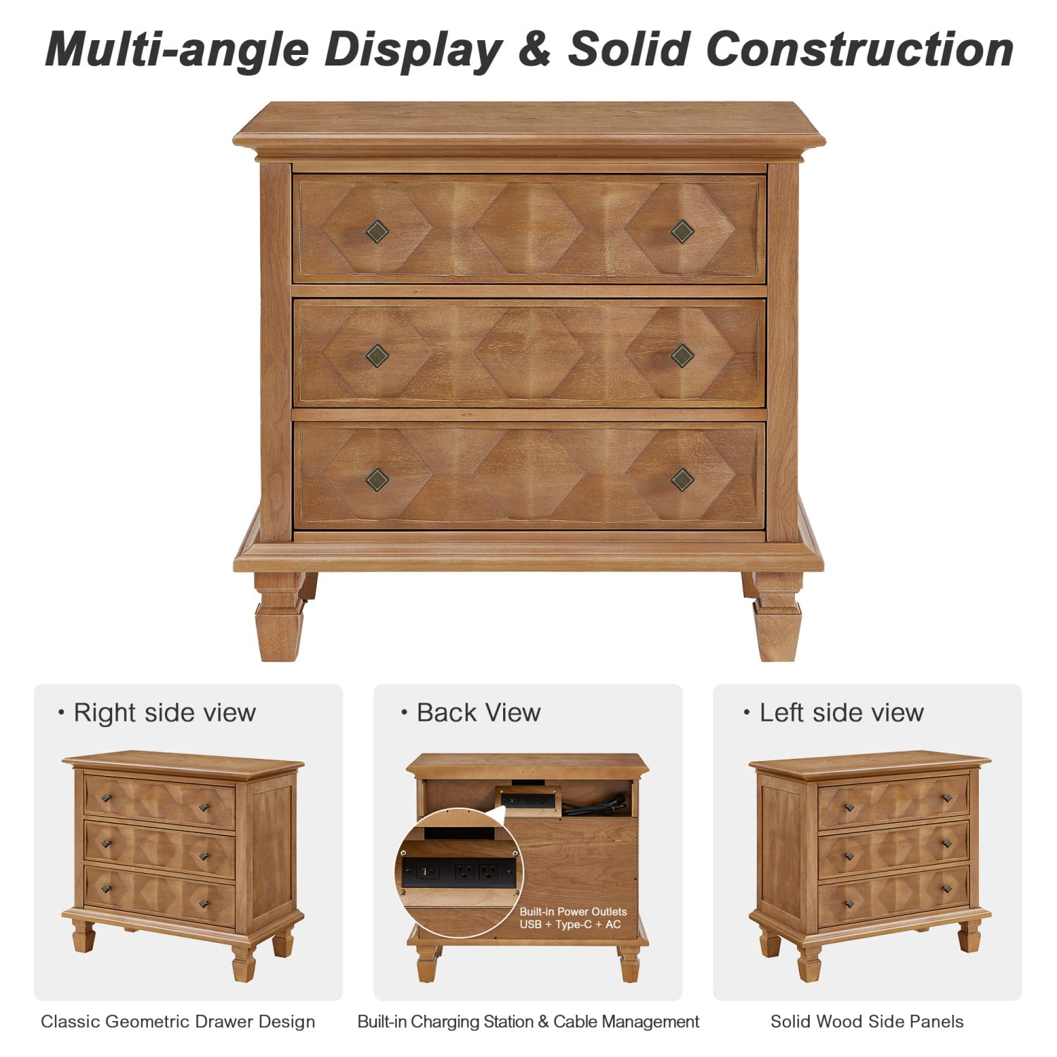 Farmhouse Nightstand with Charging Station, 3 Drawer Bedside Table with USB & Type-C Ports, Engineered Wood Storage Cabinet, Rustic End Table for Bedroom Living Room, Brown