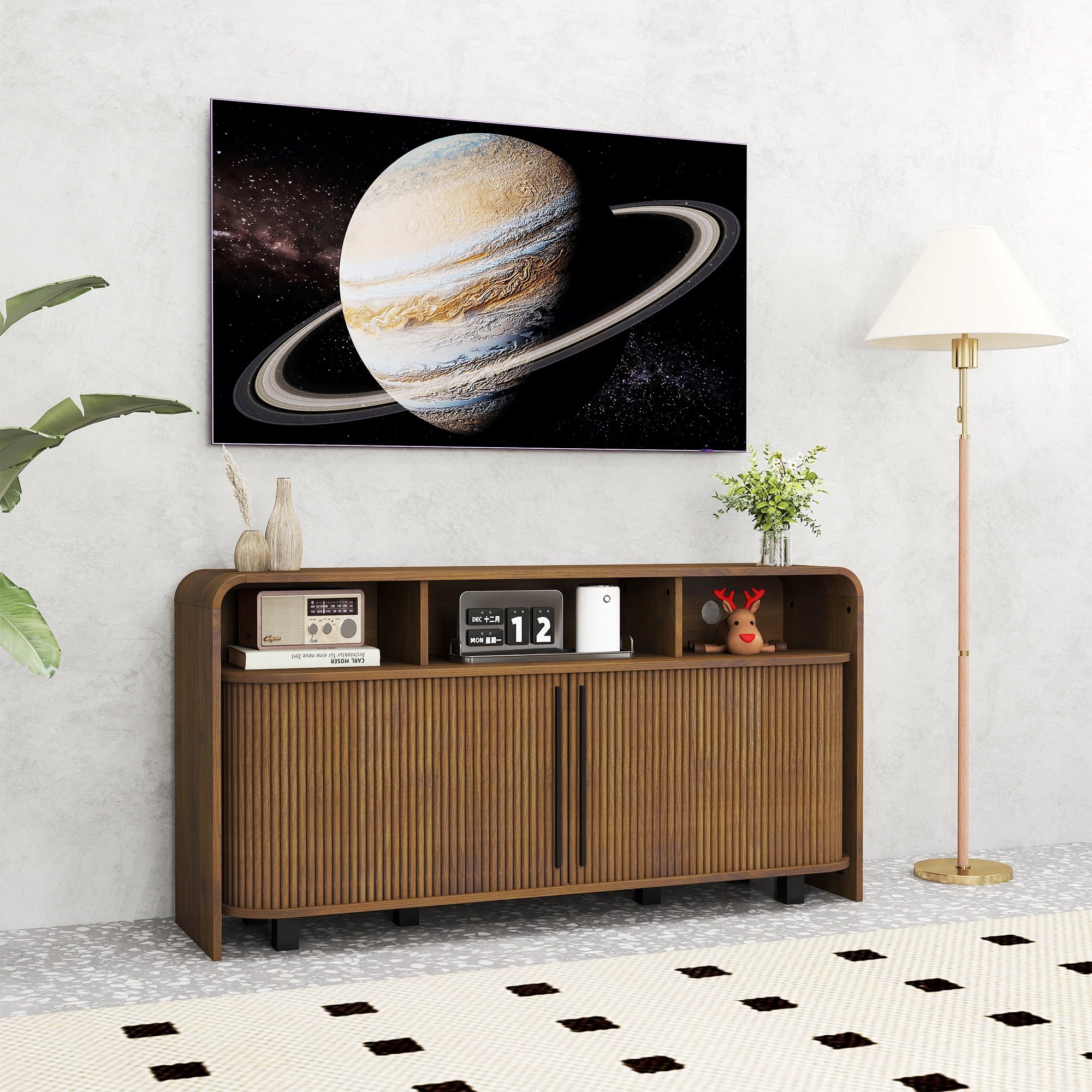 Mid Century Modern TV Stand for Bedroom, Fluted Entertainment Center for TVs up to 55 Inch, Media Console with Sliding Doors for Living Room, Walnut