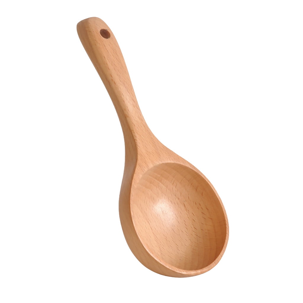Natural Wooden Spoon Kitchen Classic Wood Long Handle Soup-ladle Flatware w/Hook 