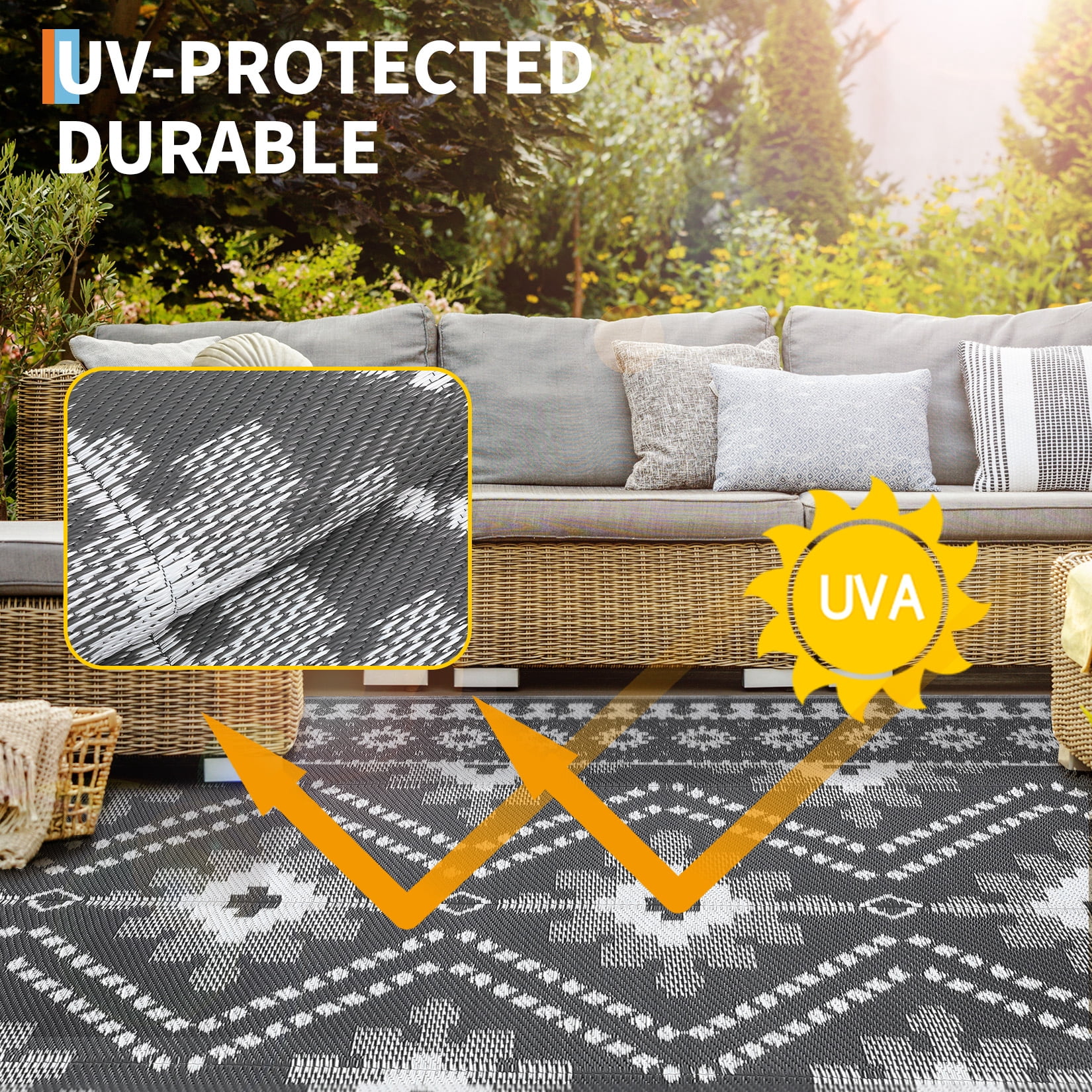 HIWEAVER 9' x 12' Gray/White Outdoor Rug PP Plastic Straw Woven Waterproof Patio Rug with Border Portable Outside Carpet for Balcony Deck Picnic Garden Decor