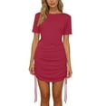 thumbnail image 4 of Levmjia Women's Mini Dress Casual Short Sleeve Ruched Solid Color Slim Fit Soft Stretch Fabric Round Neck Adjustable Drawstring Flattering Fit Daily Wear, 4 of 7