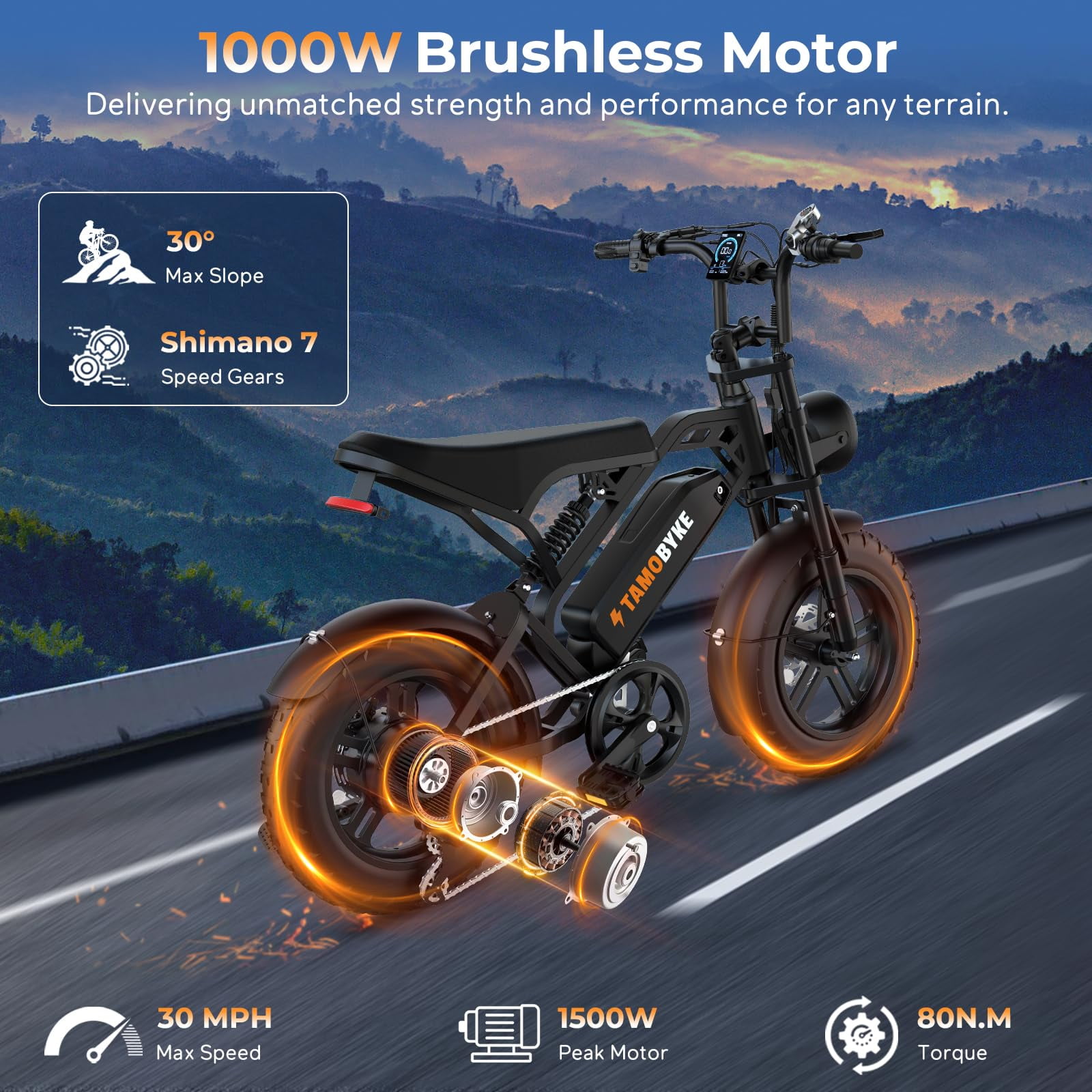 Tamobyke T16 Electric Bike for Adults,1000W 30mph 48V 15.6Ah Electric Bicycle,16" Fat Tire E-Mountain Bikes,Dual Hydraulic Brakes,Full Suspension,Fits Riders 5'0"-5'7",UL2849