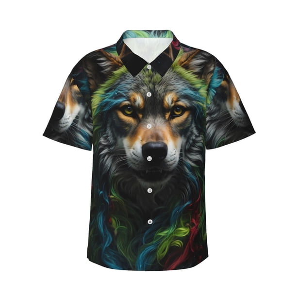 Fotbe Realistic Style Colorful Wolf Camisa Hawaiana para Hombre Unisex – Camisa Casual de Verano con Botones de Manga Corta de Algodón y Lino,XX-Large