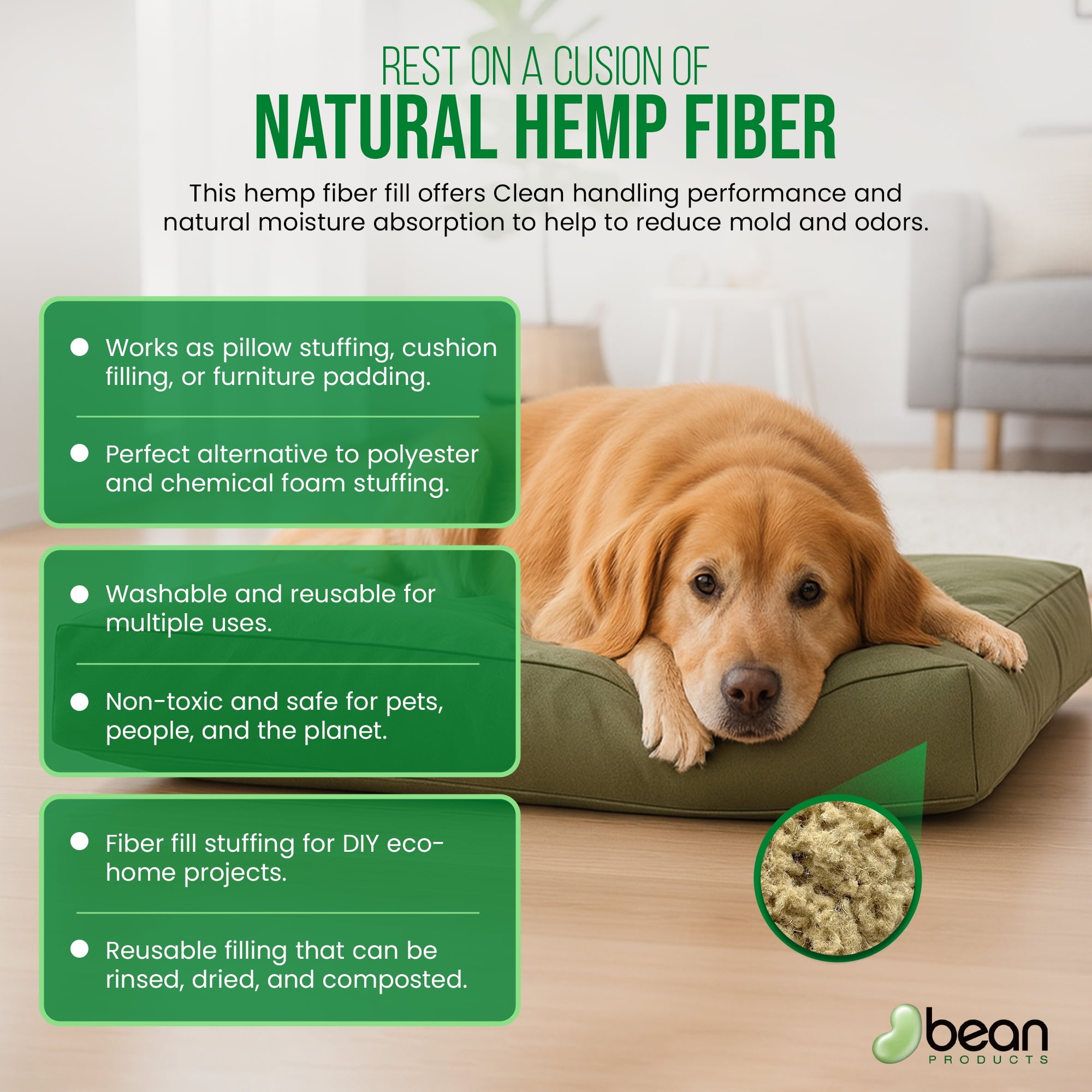 HempStuff Hemp Fiber Fill - 5 lbs, Clean Natural Fibre Filling Cushion Pet Bed Stuffing or Nesting Fiber, Midwest Grown and processed Organic. Bean Products, Made in USA, 5 pounds