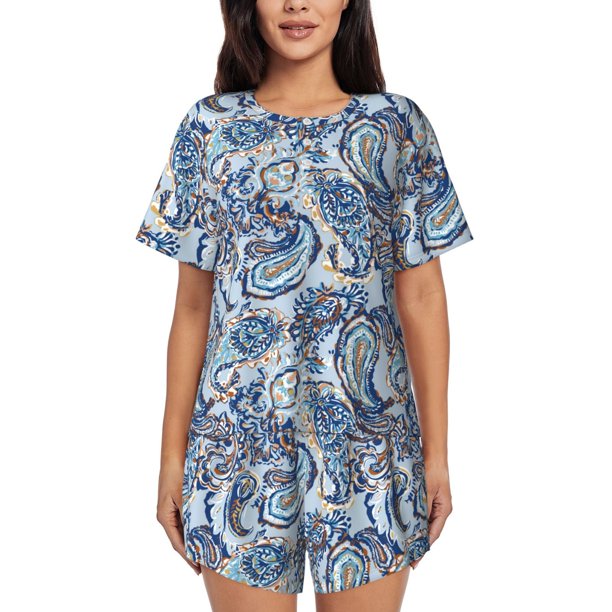 Balery Paisley Floral Branches Conjunto de Pijama para Mujer con Estampado, Dos Piezas de Manga Corta y Shorts, Ropa de Dormir Suave con Cuello Redondo y Bolsillos-Large