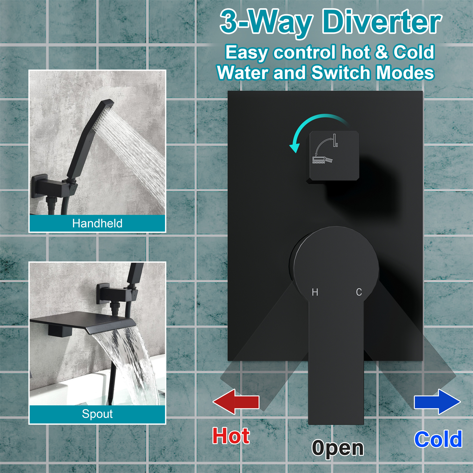 ANGELES HOME Wall Mount Tub Faucet with Waterfall Tub Spout, Bathtub Faucet with Handheld Shower, Single Handle Tub Filler Shower Faucet Set, Matte Black