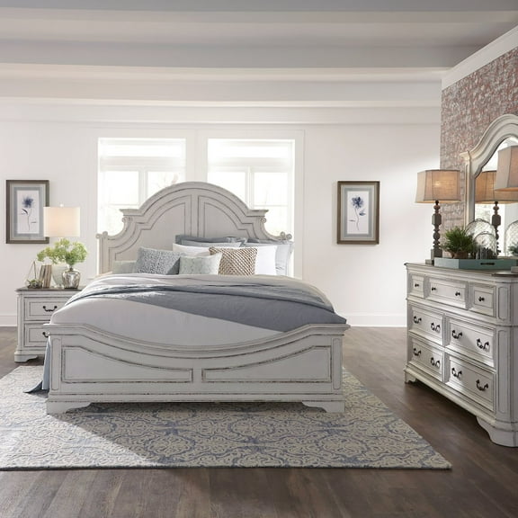 Liberty Furniture Industies, INC Queen Panel Bed, Dresser & Mirror, Night Stand - Antique White & Weathered Bark