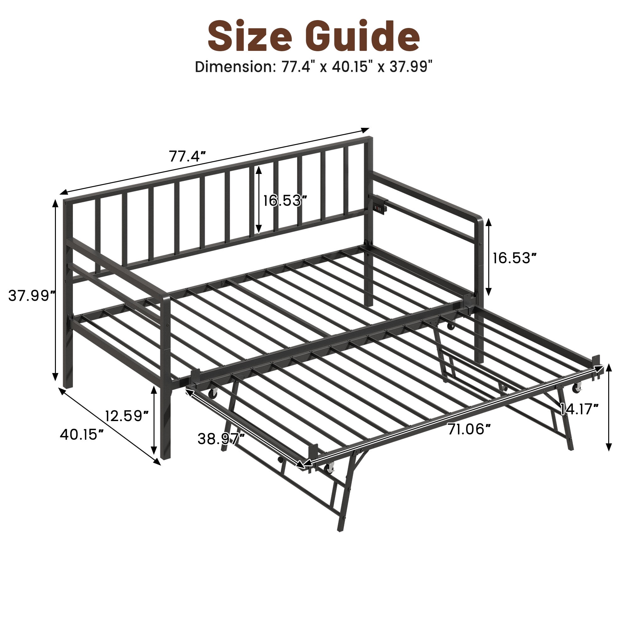 UHOMEPRO Twin Size Daybed with Trundle, Metal Daybed Frame with RGB LED Lights and Charging Station, Height Adjustable Twin Bed Frame No Box Spring Needed, for Bedroom Living Room Guest Room, Black