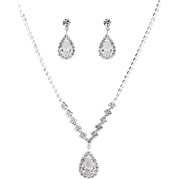 Zephyriana Rhinestone Tennis Necklace Earring Set Zircon Crystal Teardrop Pendant Necklaces Rhinestone Bridal Necklace Earrings for Women Wedding Gowns Prom Statement Jewelry Set