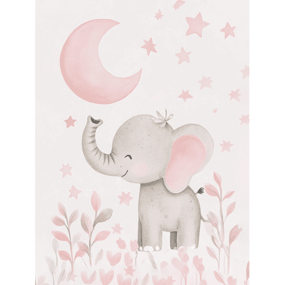 Cute Elephant with Moon and Stars Canvas Wall Art, Perfect for Bedroom, Living Room, Nursery, Girl's Room, and Baby's Room Decor.